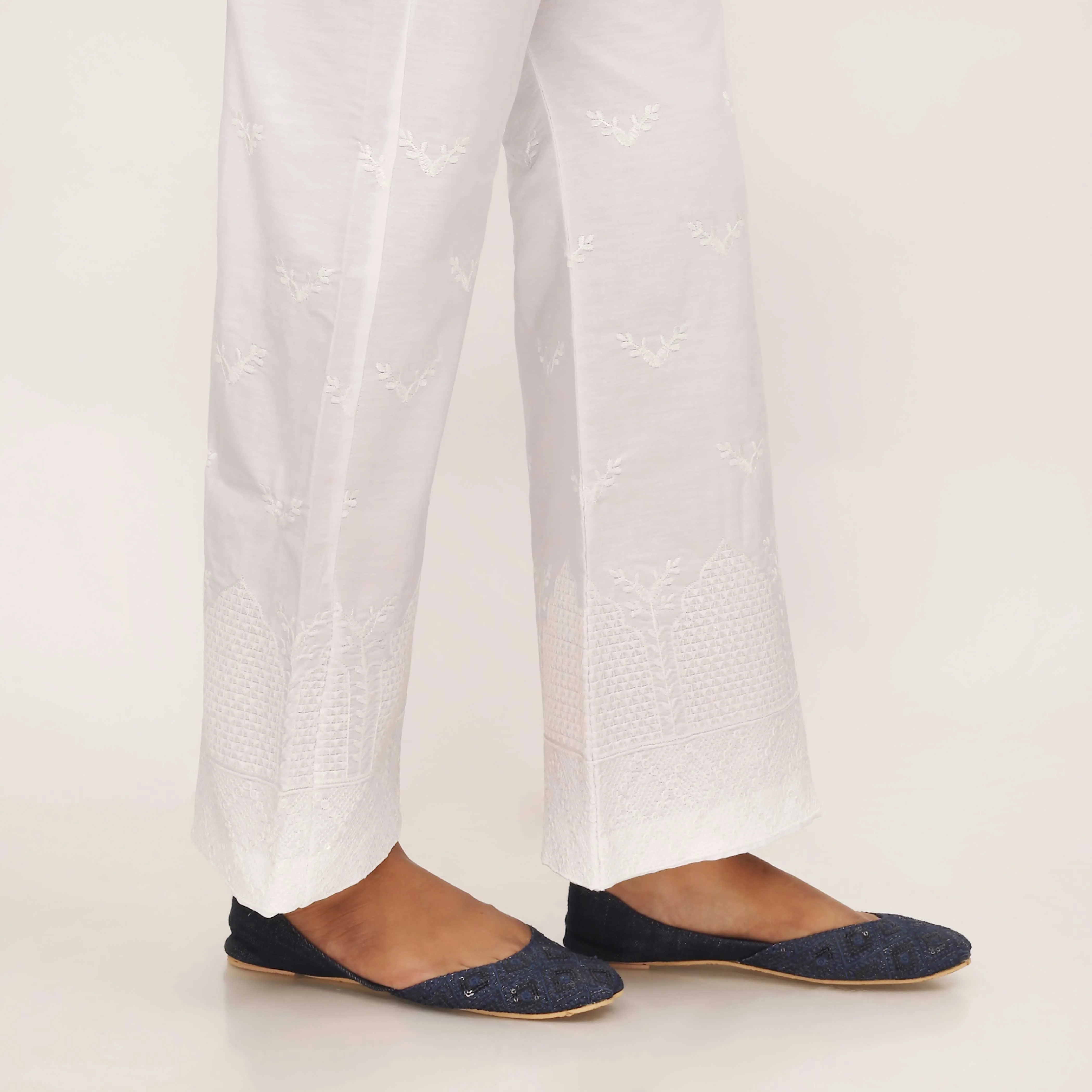 White Cotton Cambric Trouser with Embroidery PL5087 - Image 3