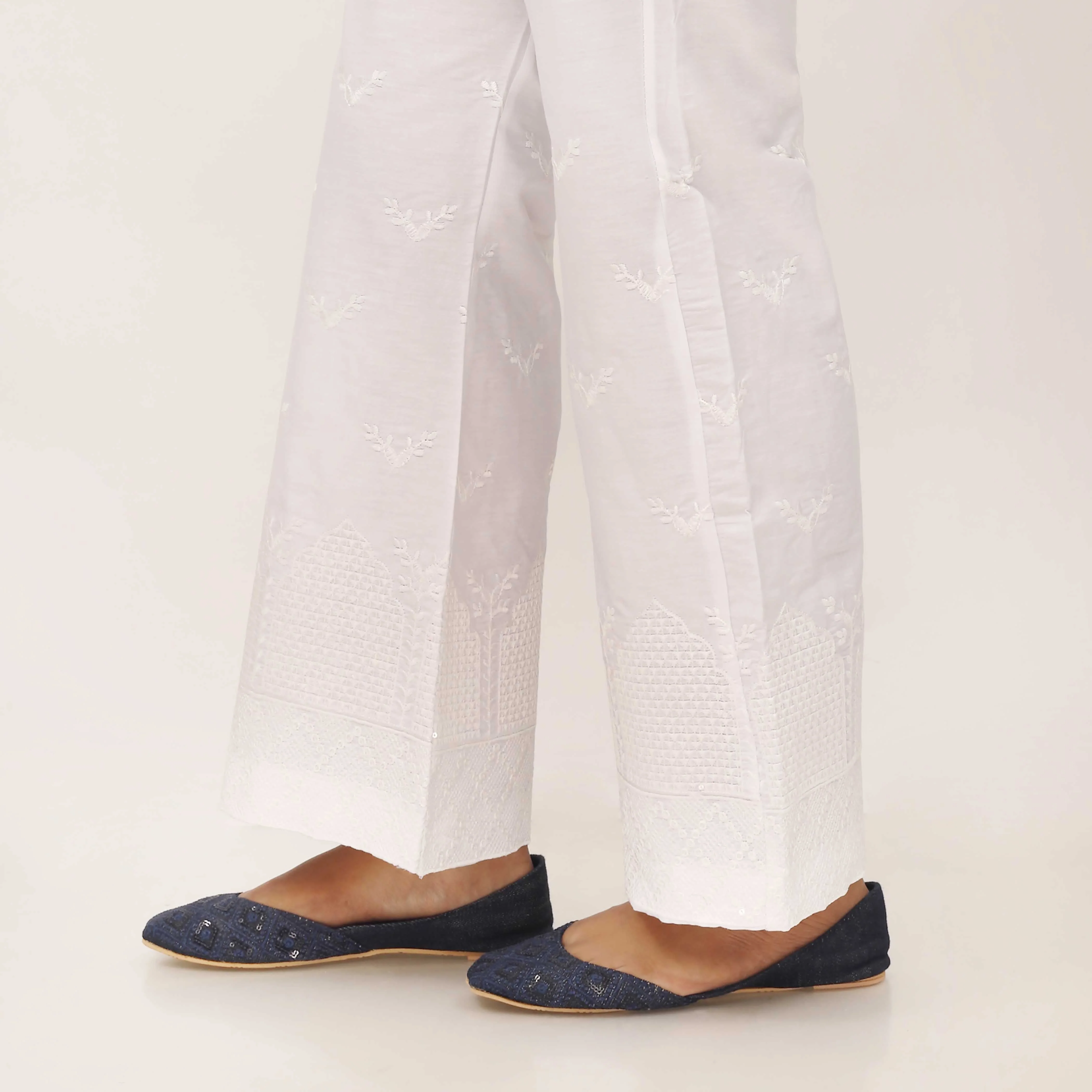 White Cotton Cambric Trouser with Embroidery PL5087 - Image 4