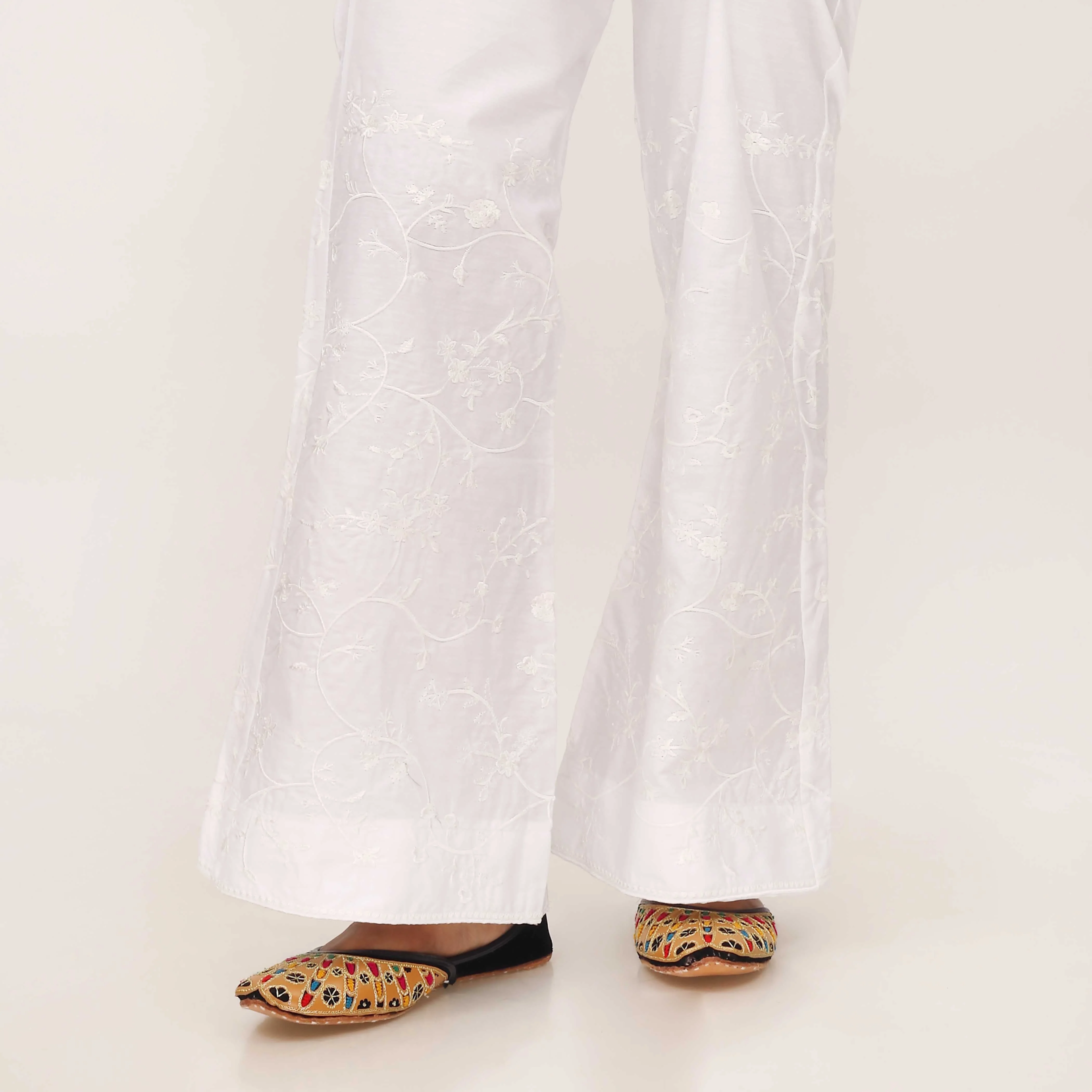 White Cotton Cambric Trouser with Embroidery PL5090 - Image 2