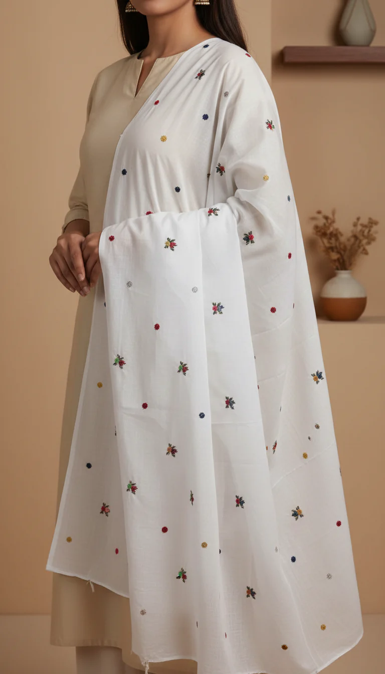 White Embellished Cotton Shawl PD6067 - Image 2