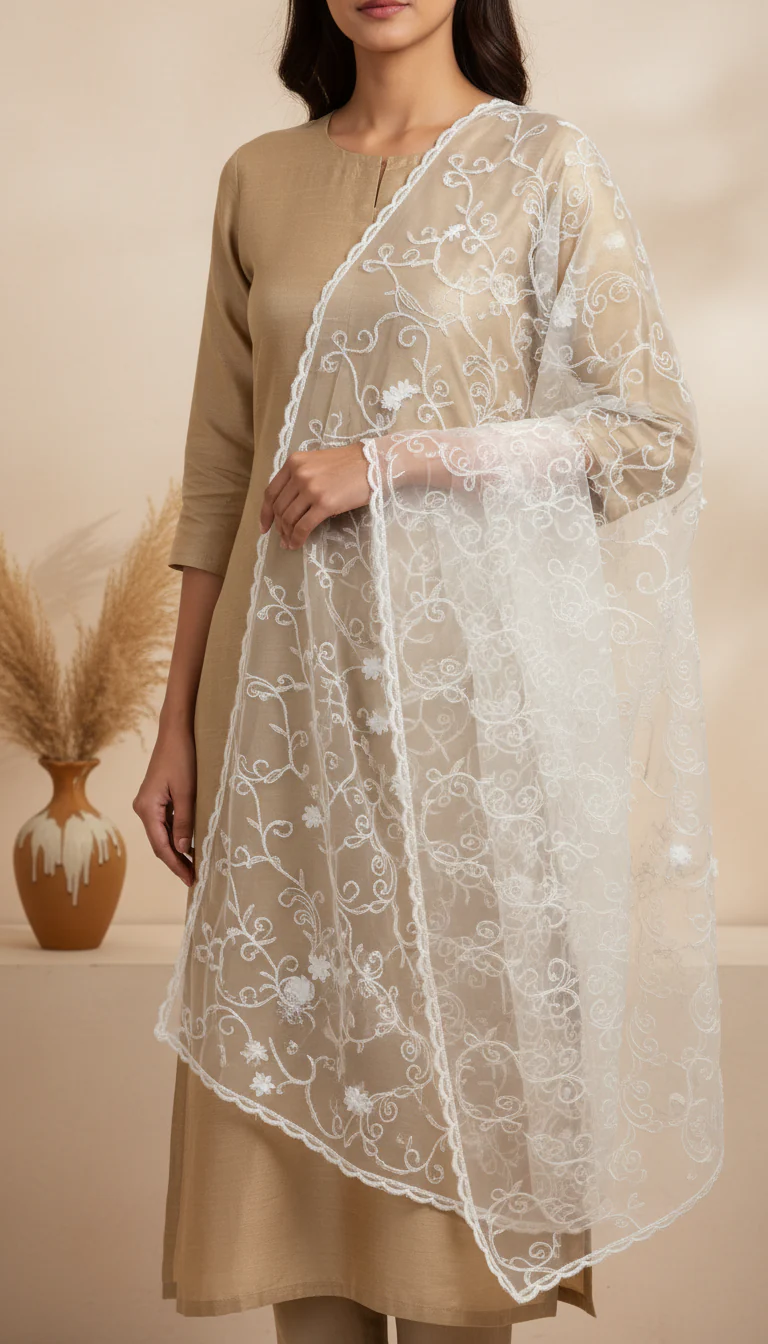 White Embellished Net Dupatta PD6078 - Image 2