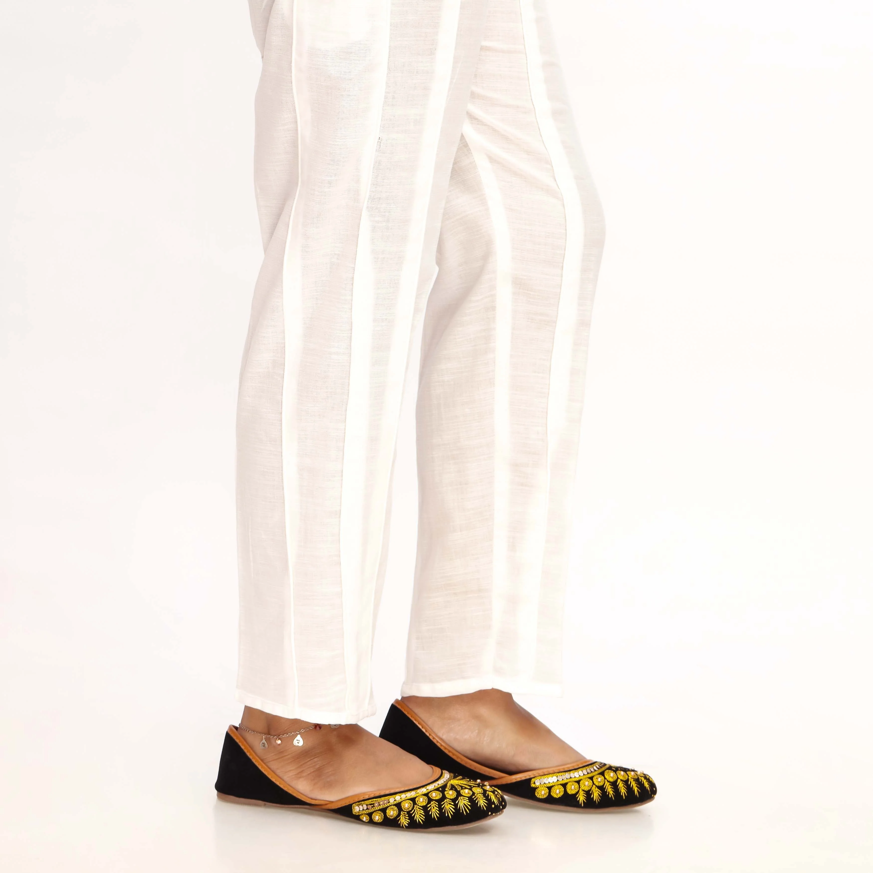 White Straight Fit Khaddar Embellished Trouser PW4502 - Image 3