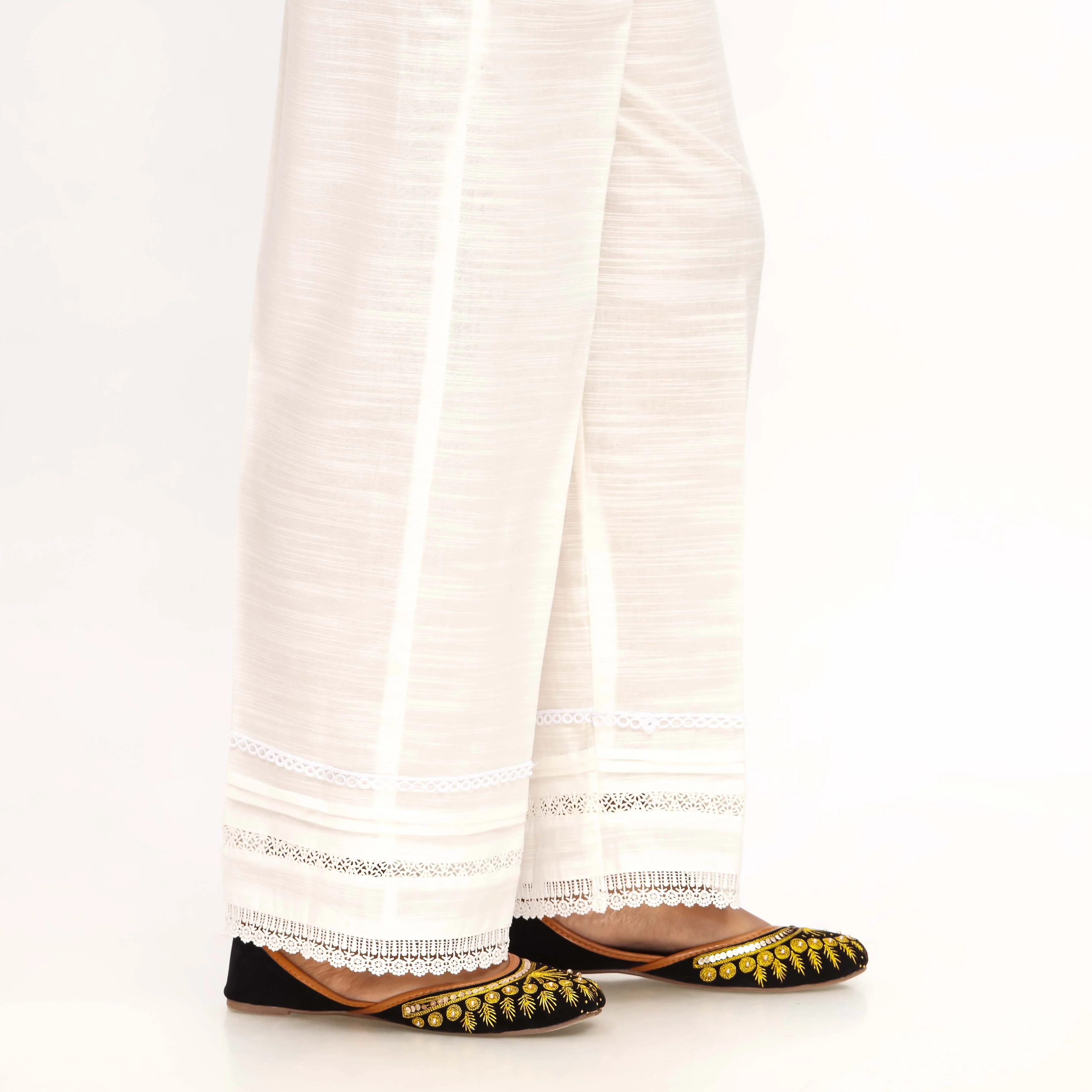 White Straight Fit Khaddar Embellished Trouser PW4504 - Image 3