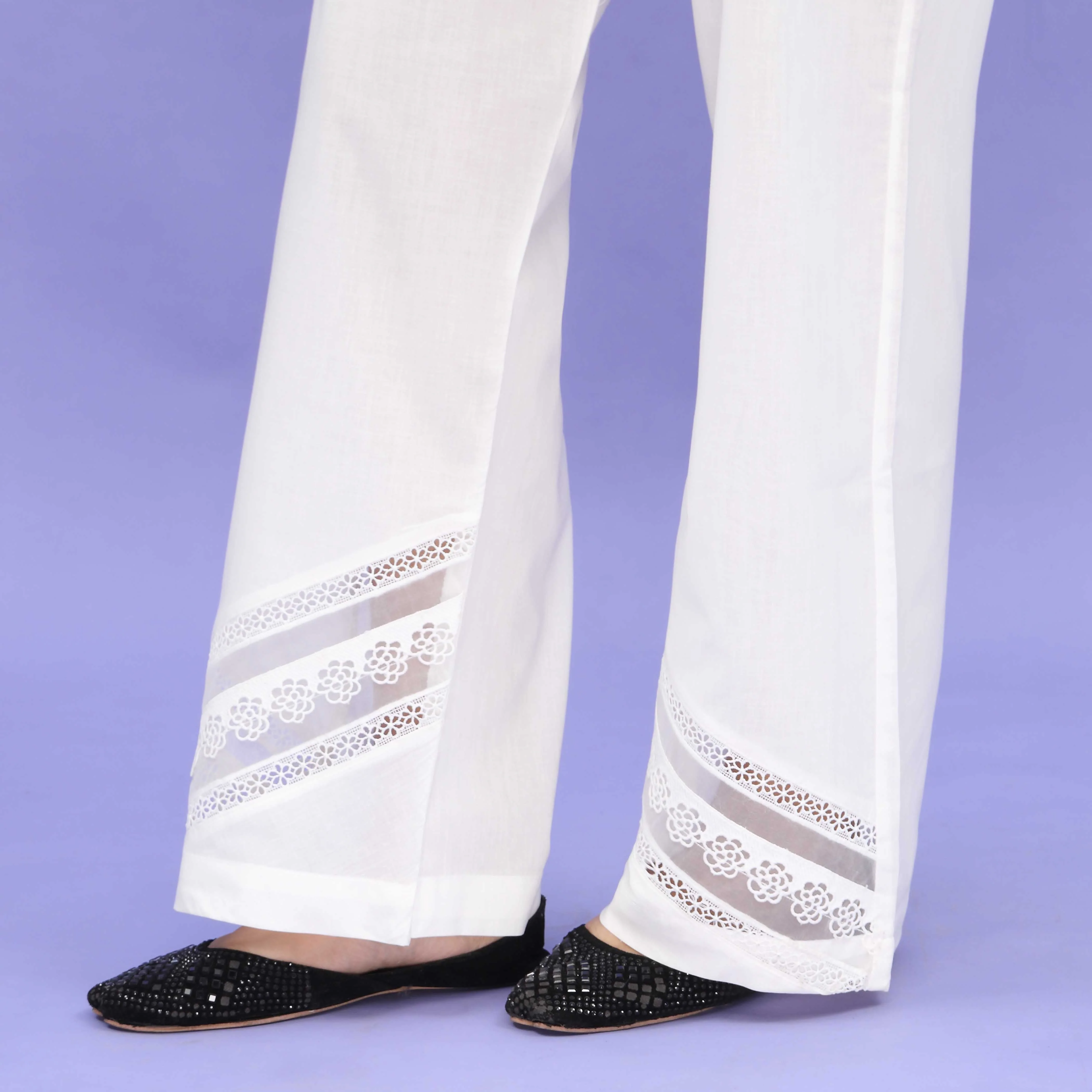 White Striaght Fit Embellished Cambric Trouser PL4085 - Image 3