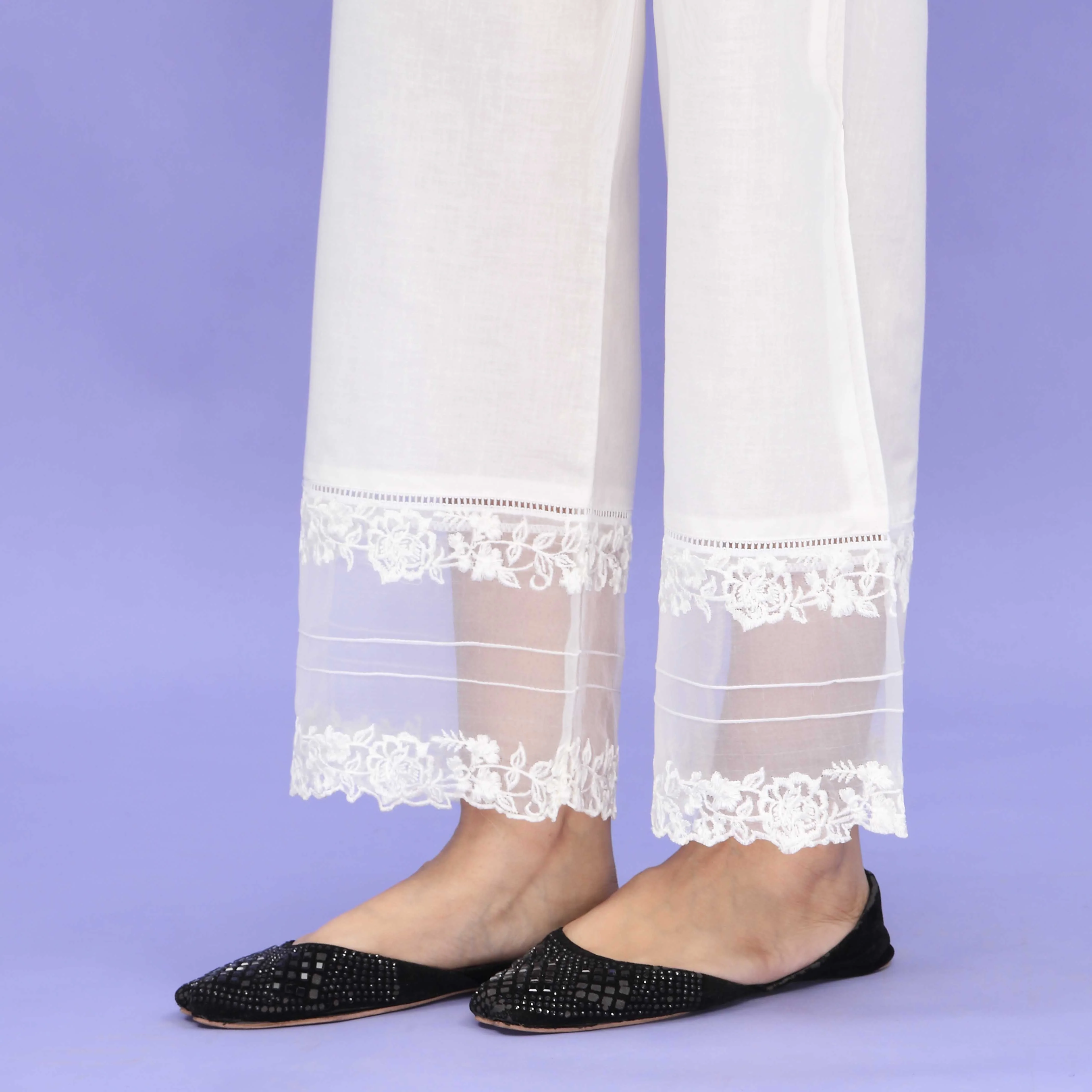 White Striaght Fit Embellished Cambric Trouser PL4087 - Image 3