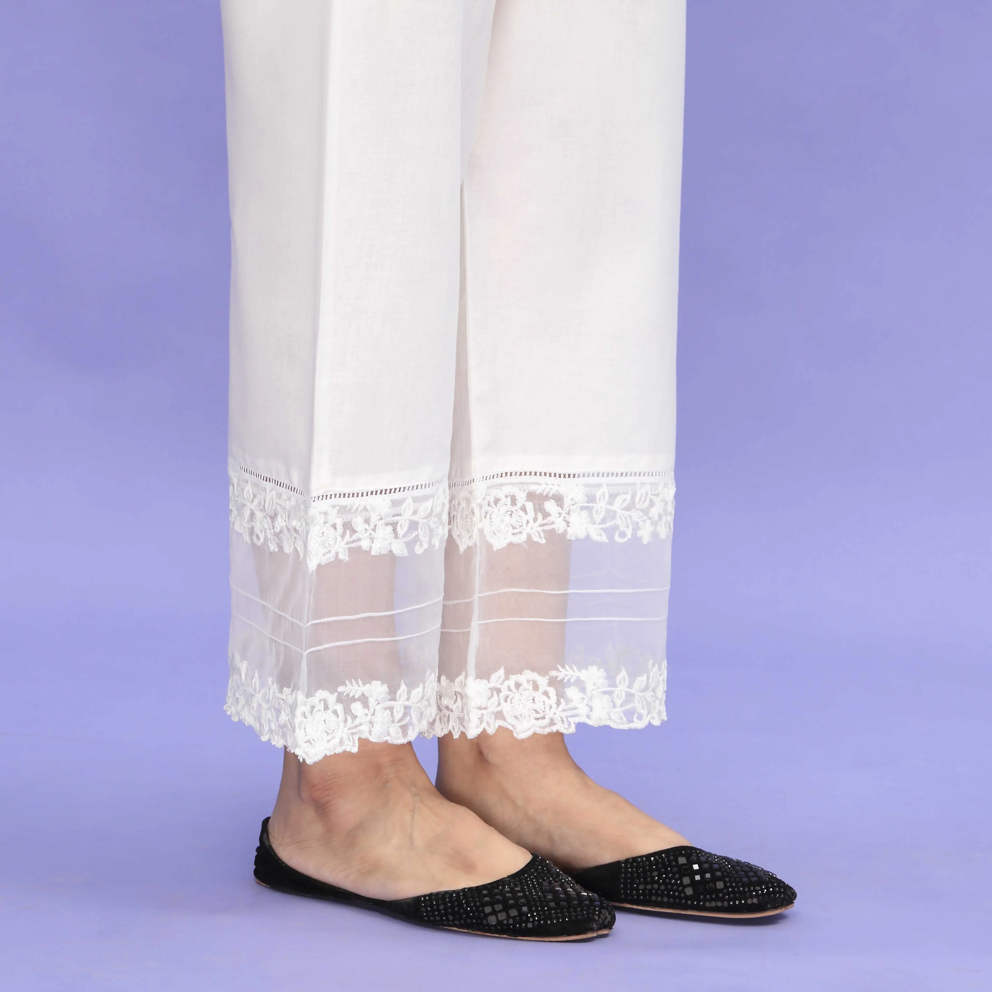 White Striaght Fit Embellished Cambric Trouser PL4087 - Image 4