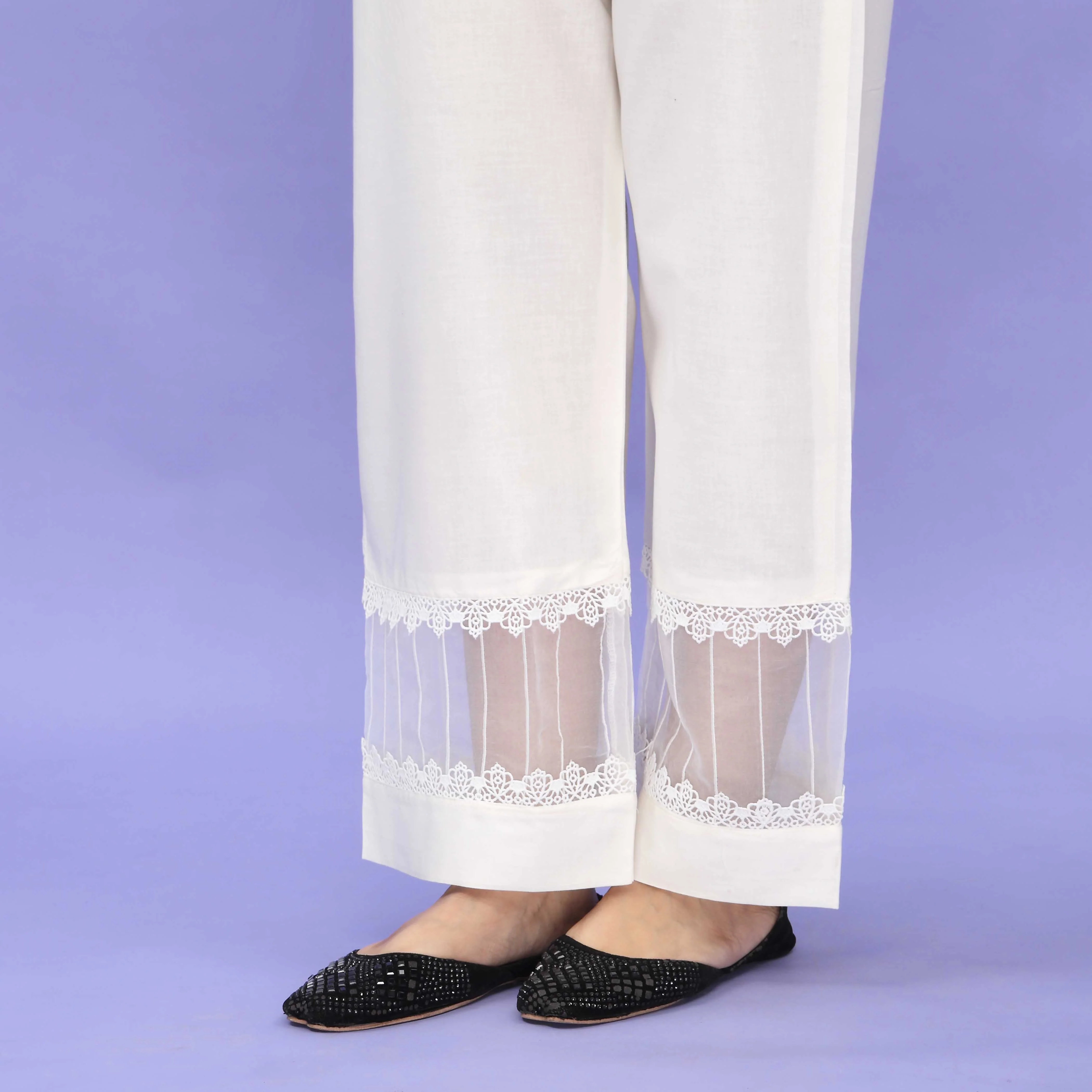 White Striaght Fit Embellished Cambric Trouser PL4093 - Image 2